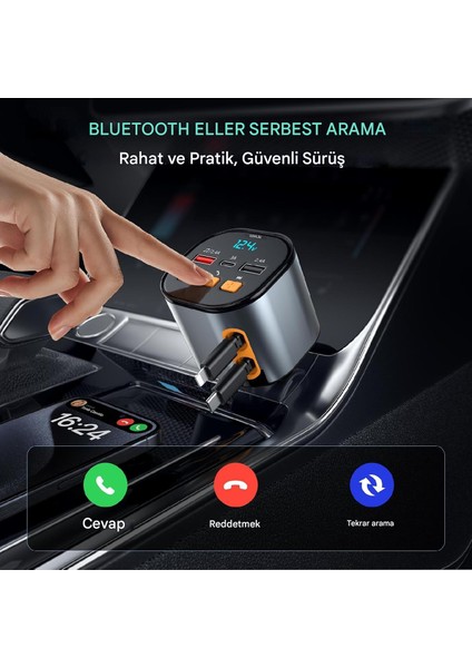 60w Geri Çekilebilir Hızlı Araç Şarj Aleti 4'ü 1 Arada Kablosuz Bluetooth Araç Kiti Araç Şarjı 12-24v Kamyon ve Araba İçin Şarj Aleti