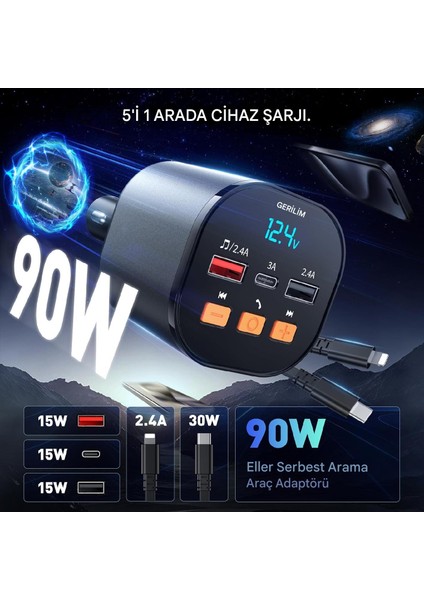 60w Geri Çekilebilir Hızlı Araç Şarj Aleti 4'ü 1 Arada Kablosuz Bluetooth Araç Kiti Araç Şarjı 12-24v Kamyon ve Araba İçin Şarj Aleti