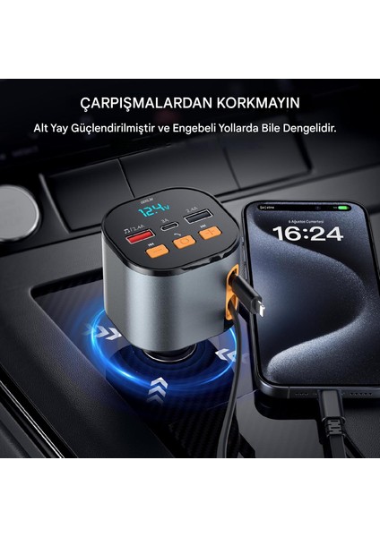 60w Geri Çekilebilir Hızlı Araç Şarj Aleti 4'ü 1 Arada Kablosuz Bluetooth Araç Kiti Araç Şarjı 12-24v Kamyon ve Araba İçin Şarj Aleti
