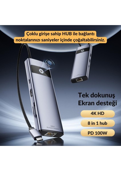 Polham 8in1 100W Type C Çoğaltıcı Hub, 2x Usb, 2x Pd Type C, 1x Tf/sd, 1x 4K Hdmi, 1x RJ45 Çoğaltıcı Adaptör