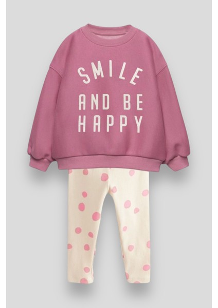 Smile Desenli Kışlık Pamuklu Sweatshirt Jogger Tayt Alt-Üst Takım Kız Çocuk