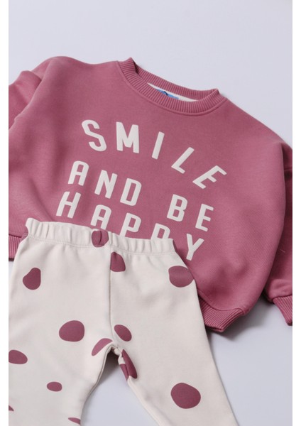 Smile Desenli Kışlık Pamuklu Sweatshirt Jogger Tayt Alt-Üst Takım Kız Çocuk