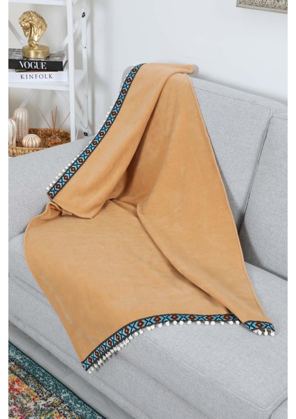 Şerit Desen ve Ponponlu Kaymaz Polar Koltuk Şalı, Tv Battaniyesi 90 x 200 cm ,KS-6