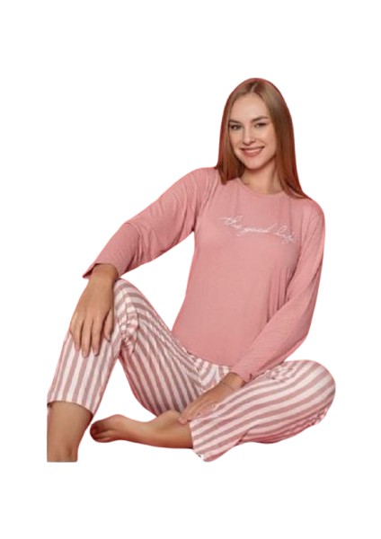 K300-868 Uzun Kol Çizgili Baskılı Milan Battal Pijama Takımı