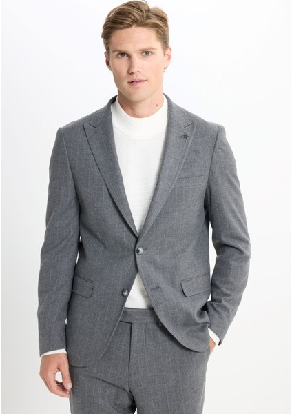 Slim Fit Dar Kesim Kırlangıç Yaka Çizgili Kapak Cepli Esnek Koyu Gri Takım Elbise