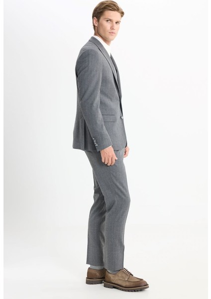 Slim Fit Dar Kesim Kırlangıç Yaka Çizgili Kapak Cepli Esnek Koyu Gri Takım Elbise modelleri