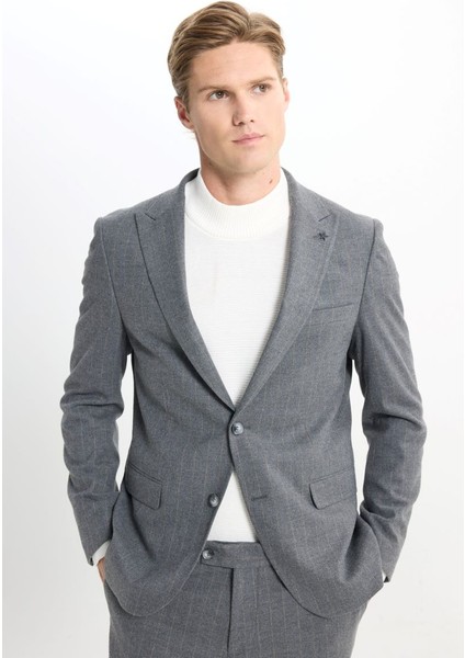Slim Fit Dar Kesim Kırlangıç Yaka Çizgili Kapak Cepli Esnek Koyu Gri Takım Elbise fırsatları