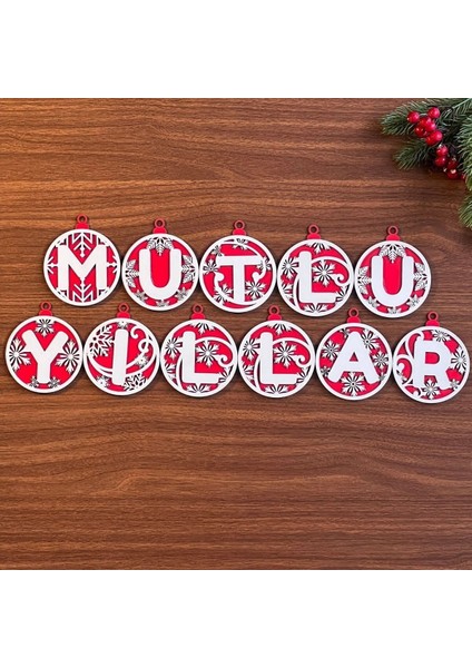 11 Harfli Kırmızı Beyaz Ipli Mutlu Yıllar Yazılı Ahşap Yılbaşı Ağaç Süsü (3791)