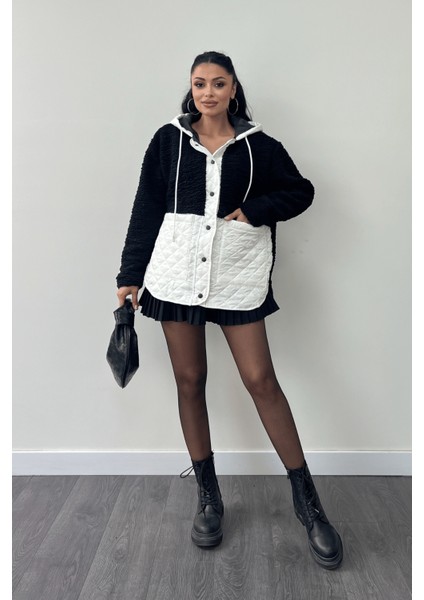 Kapitone Kumaş Peluş Garnili Ceket - Siyah