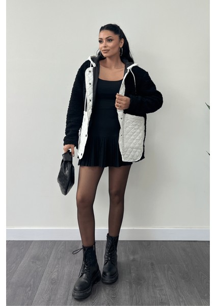 Kapitone Kumaş Peluş Garnili Ceket - Siyah fiyatları