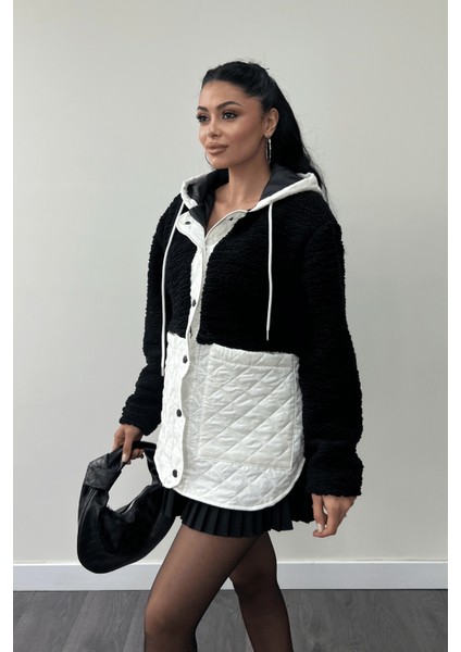 Kapitone Kumaş Peluş Garnili Ceket - Siyah modelleri