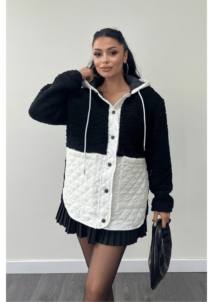 Kapitone Kumaş Peluş Garnili Ceket - Siyah fırsatları