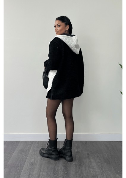 Kapitone Kumaş Peluş Garnili Ceket - Siyah indirimleri