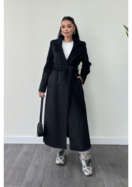 Cep Detaylı Kaşe Kaban - Siyah