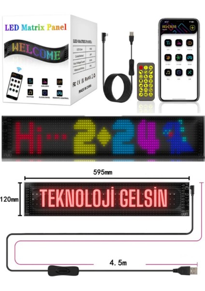 LED Ekran Matrix Panel Cama Yapışan En Büyük Boy 16X96 Telefon App Kontrol Digital Araba Yazısı