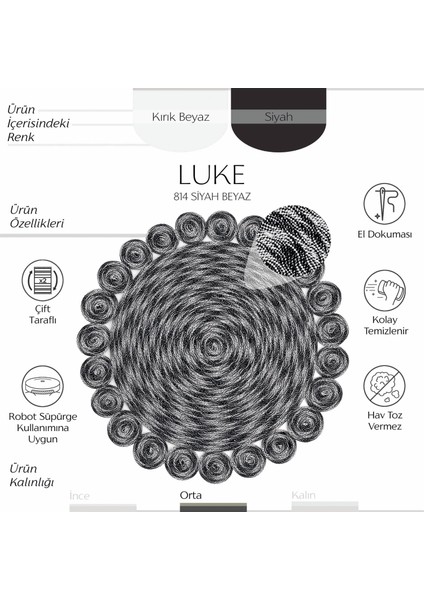 Luke 814 Siyah Yuvarlak Halı Bohem Örgü Hasır Kilim Dekoratif Mutfak Balkon Banyo Halısı fiyatları