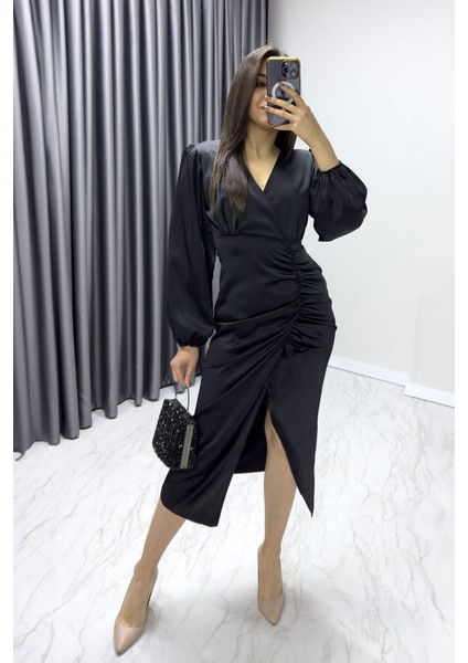 Kadın Saten Kruvaze Drapeli Yırtmaç Detaylı Balon Kol Büyük Beden Elbise Taba, Kırmızı, Zümrüt Yeşil, Siyah, Saks, Lacivert,İndigo fiyatları