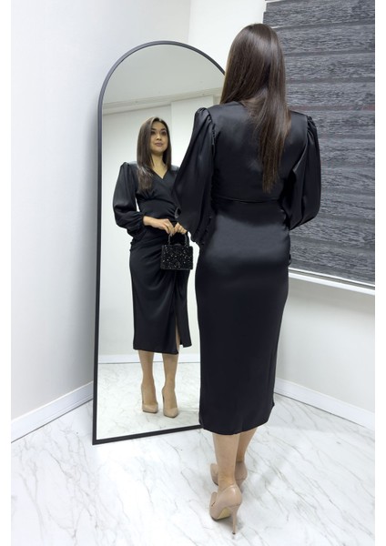 Kadın Saten Kruvaze Drapeli Yırtmaç Detaylı Balon Kol Büyük Beden Elbise Taba, Kırmızı, Zümrüt Yeşil, Siyah, Saks, Lacivert,İndigo fırsatları