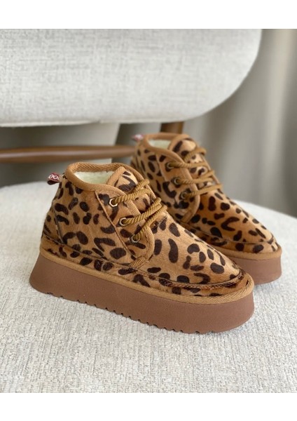 Kadın Leopar Desen Süet Içi Kürklü Bağcık Detaylı Kalın Tabanlı Bot fiyatları