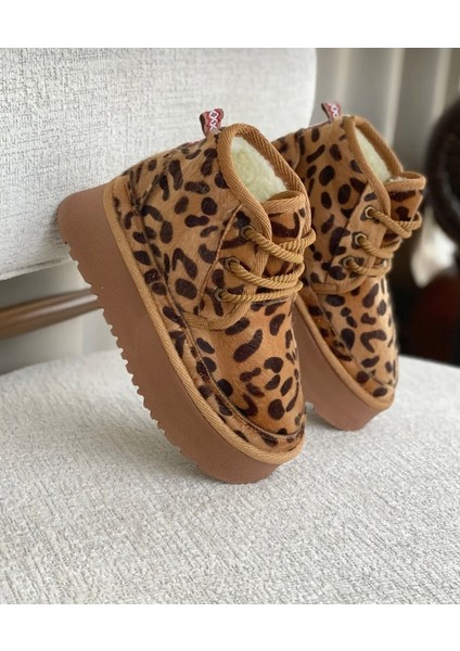 Kadın Leopar Desen Süet Içi Kürklü Bağcık Detaylı Kalın Tabanlı Bot modelleri