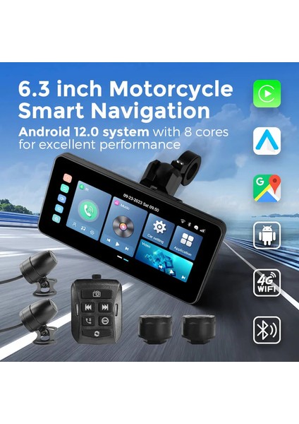 Moto Smart Ultra Android 12 Navigasyon Carplay / Android Auto / Çift 1080P Kameralı, Sım Kart Destekli 6.3" Motosiklet Multimedya Ekranı (DK-VA-M200)