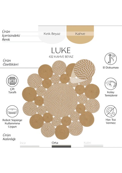 Luke 432 Natural Yuvarlak Halı Bohem Örgü Hasır Kilim Dekoratif Mutfak Balkon Banyo Halısı fiyatları