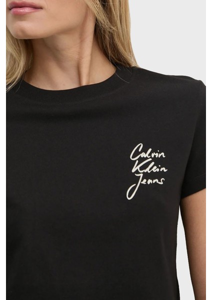 Calvin Klein Logo Baskılı Pamuklu Loose Fit Bisiklet Yaka Crop T Shirt J20J224984BEH Bayan T Shirt J20J224984 Beh