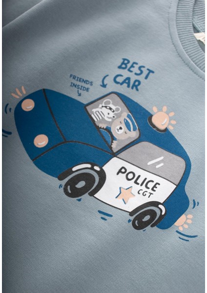 Police Baskılı Sweatshirt 1-7 Yaş Mint Yeşili