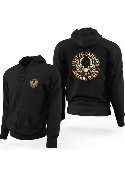 Harley Chopper Wings Skull Siyah Fermuarlı Limited Edition Kapşonlu Sweatshirt