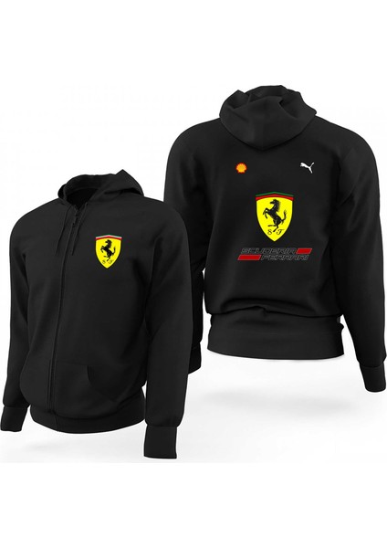 F1 Ferrari Logo Siyah Fermuarlı Limited Edition Kapşonlu Sweatshirt