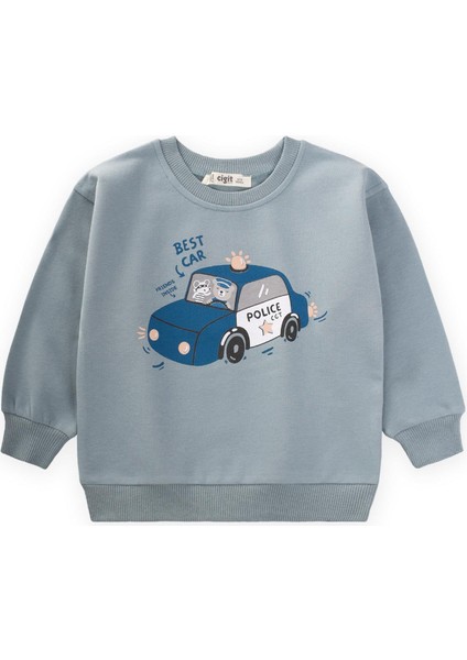 Police Baskılı Sweatshirt 1-7 Yaş Mint Yeşili