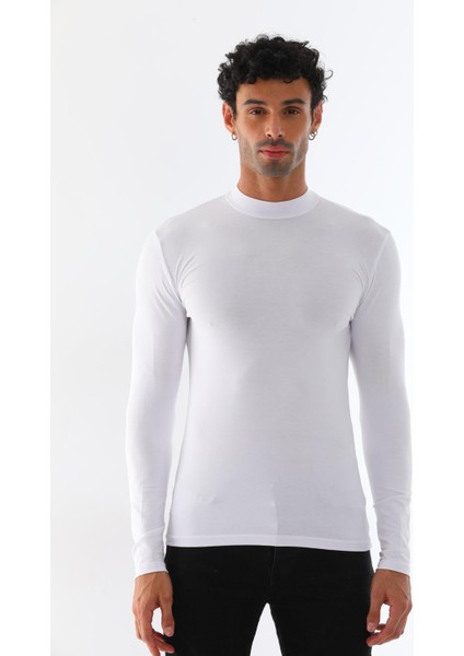 Erkek Dik Yaka Slim Fit Pamuk Likra Tişört 2'li Paket Siyah-Beyaz modelleri