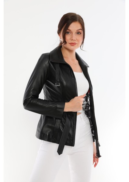 Kadın Belden Kemerli Deri Ceket - Azra