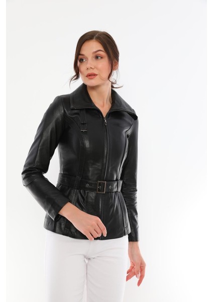 Kadın Belden Kemerli Deri Ceket - Azra modelleri