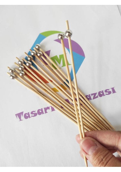 15 cm Uzun Kürdan - 30 Adet Dekoratif Gümüş Küçük Incili Pasta Kürdanı - Kokteyl Karıştırıcı