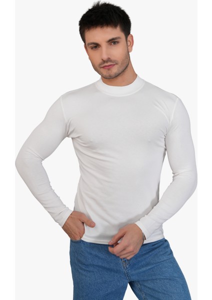 Erkek Dik Yaka Slim Fit Pamuk Likra Tişört-Off White