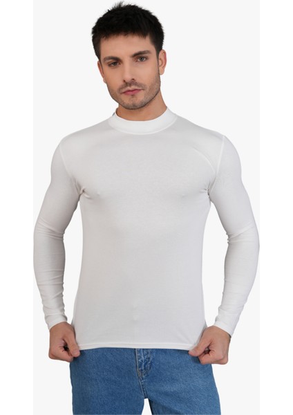 Erkek Dik Yaka Slim Fit Pamuk Likra Tişört-Off White fiyatları