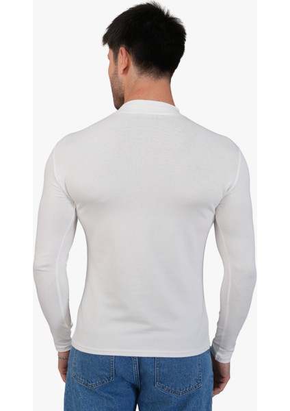 Erkek Dik Yaka Slim Fit Pamuk Likra Tişört-Off White modelleri