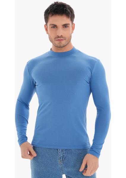 Erkek Dik Yaka Slim Fit Pamuk Likra Tişört-Koyu Mavi