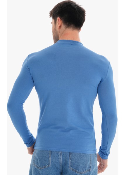 Erkek Dik Yaka Slim Fit Pamuk Likra Tişört-Koyu Mavi fiyatları
