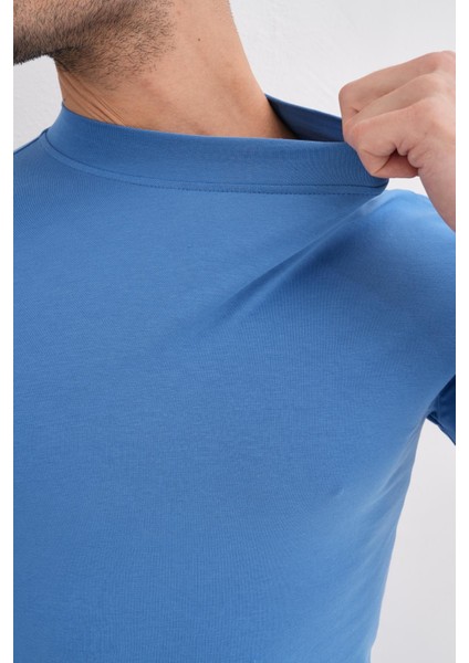 Erkek Dik Yaka Slim Fit Pamuk Likra Tişört-Koyu Mavi indirimleri