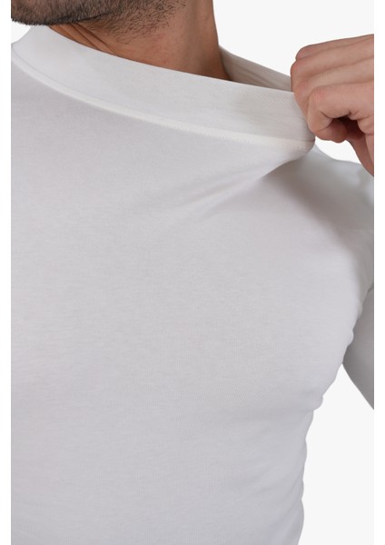 Erkek Dik Yaka Slim Fit Pamuk Likra Tişört-Off White fırsatları