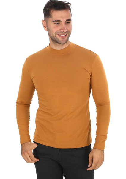 Erkek Dik Yaka Slim Fit Pamuk Likra Tişört-Taba