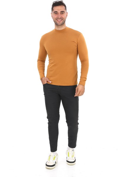 Erkek Dik Yaka Slim Fit Pamuk Likra Tişört-Taba fiyatları