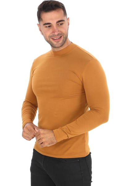 Erkek Dik Yaka Slim Fit Pamuk Likra Tişört-Taba modelleri