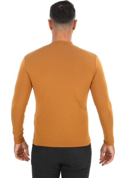 Erkek Dik Yaka Slim Fit Pamuk Likra Tişört-Taba fırsatları