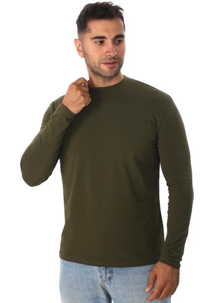 Erkek Dik Yaka Slim Fit Pamuk Likra Tişört-Haki