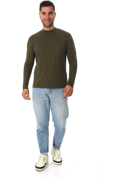 Erkek Dik Yaka Slim Fit Pamuk Likra Tişört-Haki fiyatları