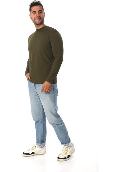 Erkek Dik Yaka Slim Fit Pamuk Likra Tişört-Haki modelleri