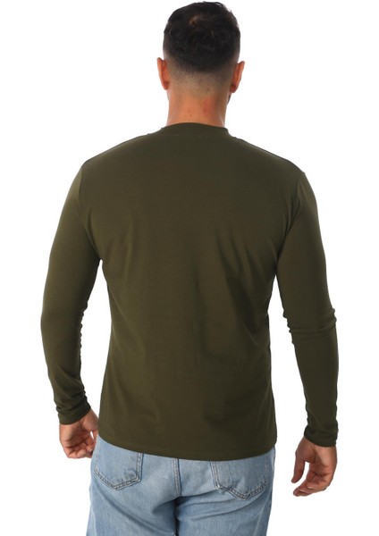 Erkek Dik Yaka Slim Fit Pamuk Likra Tişört-Haki fırsatları